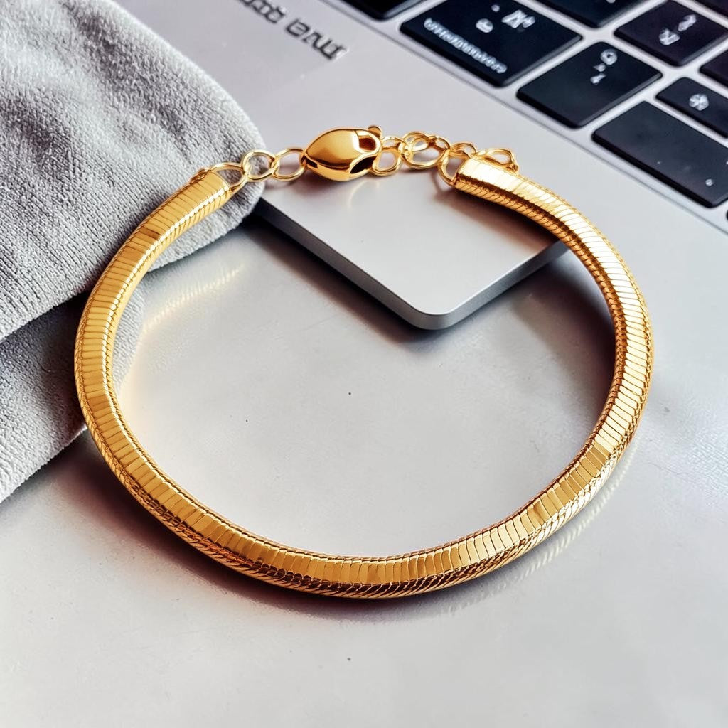 Zalic Gold Snake Chain Bracelet - 3mm Flat Herringbone Chain - 18K Gold Plated Minimalist Jewelry for Daily Wear - Waterproof & Tarnish Free